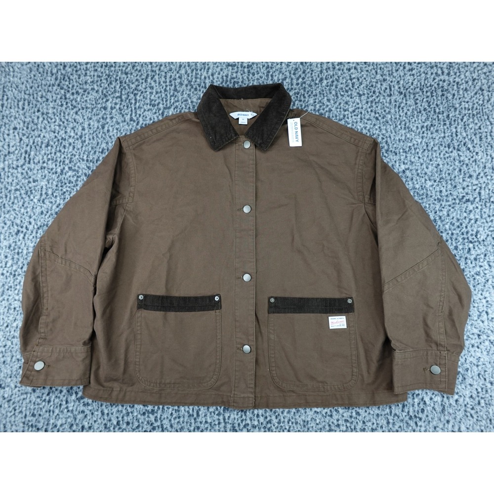 Old Navy Chore Jacket Women 2X Brown Corduroy Trim Cotton Canvas Utility Coat